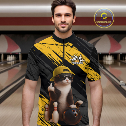 Custom Funny Cat Yellow Bowling Jersey for Men Bowling Polo & 1/4 Zip Bowling Team Shirts HNT198