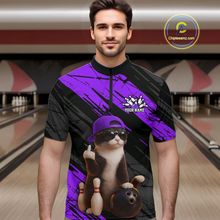 Load image into Gallery viewer, Custom Funny Cat Purple Bowling Jersey for Men Bowling Polo &amp; 1/4 Zip Bowling Team Shirts HNT198