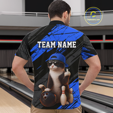 Load image into Gallery viewer, Custom Funny Cat Blue Bowling Jersey for Men Bowling Polo &amp; 1/4 Zip Bowling Team Shirts HNT198