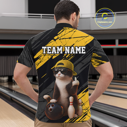 Custom Funny Cat Yellow Bowling Jersey for Men Bowling Polo & 1/4 Zip Bowling Team Shirts HNT198