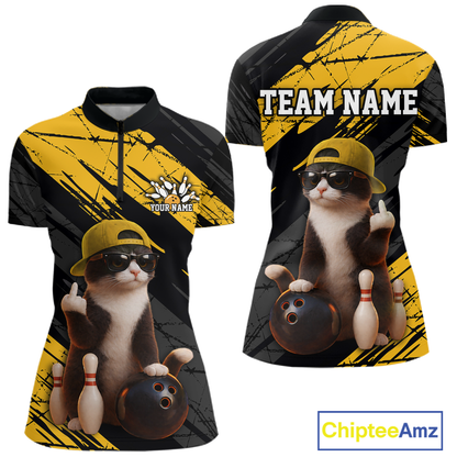 Custom Funny Cat Yellow Bowling Jersey for Women Bowling Polo & 1/4 Zip Bowling Team Shirts HNT198
