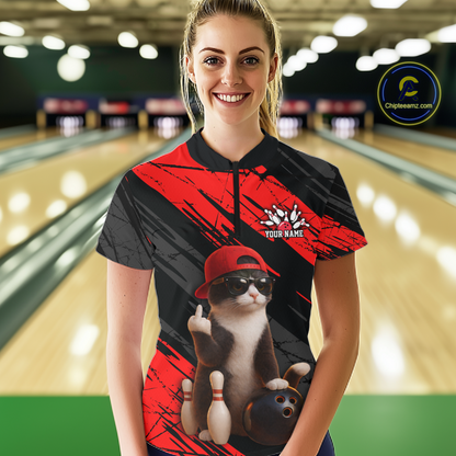 Custom Funny Cat Red Bowling Jersey for Women Bowling Polo & 1/4 Zip Bowling Team Shirts HNT198