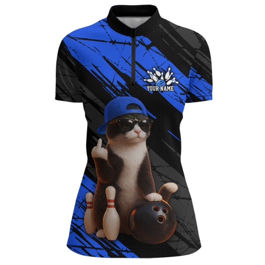 Custom Funny Cat Blue Bowling Jersey for Women Bowling Polo & 1/4 Zip Bowling Team Shirts HNT198