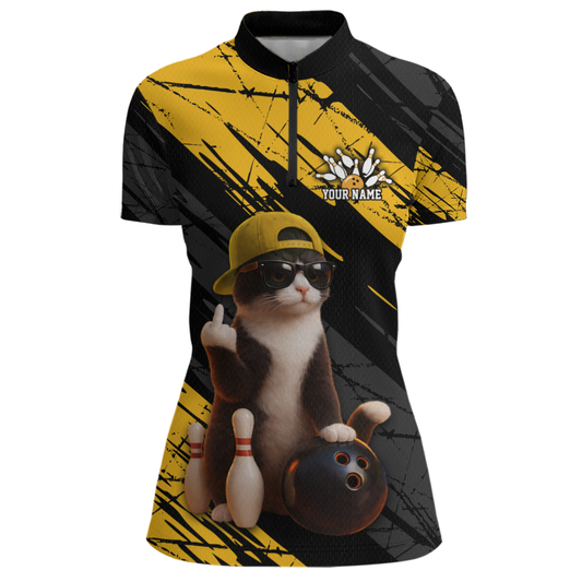 Custom Funny Cat Yellow Bowling Jersey for Women Bowling Polo & 1/4 Zip Bowling Team Shirts HNT198