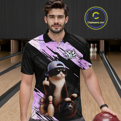 Custom Funny Cat Holographic Bowling Jersey for Men Bowling Polo & 1/4 Zip Bowling Team Shirts HNT198