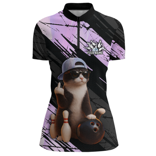 Custom Funny Cat Holographic Bowling Jersey for Women Bowling Polo & 1/4 Zip Bowling Team Shirts HNT198