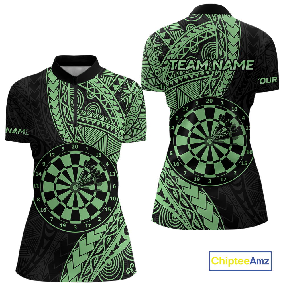 Custom Green Tribal Dart Shirts for Women Dart Team Jersey Dartboard Gifts Polo & 1/4 Zip NNT163