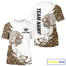 Load image into Gallery viewer, White t-shirt with leopard print sleeves and design, featuring 'Your Name' and 'Team Name' text, with ChipteeAmz branding.