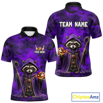 Front and back views of a short-sleeve polo shirt featuring a purple Halloween-themed graphic of a hooded raccoon holding a pumpkin and staff, with customizable text areas on the chest and back.