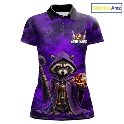 A women's short-sleeve polo shirt with a purple Halloween-themed graphic featuring a cartoon raccoon in a hooded robe holding a pumpkin and staff, with 'YOUR NAME' text and a crown graphic on the chest. The ChipteeAmz logo is visible in the top right corner.