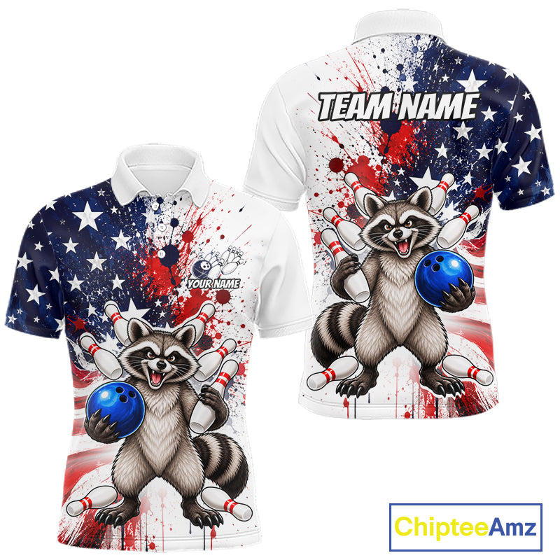 Custom US Flag Raccoon Bowling Shirts For Men Bowling Team Jerseys Bowling League HNT599
