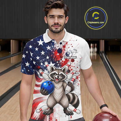 Custom US Flag Raccoon Bowling Shirts For Men Bowling Team Jerseys Bowling League HNT599