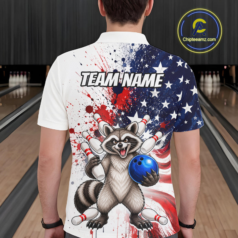 Custom US Flag Raccoon Bowling Shirts For Men Bowling Team Jerseys Bowling League HNT599