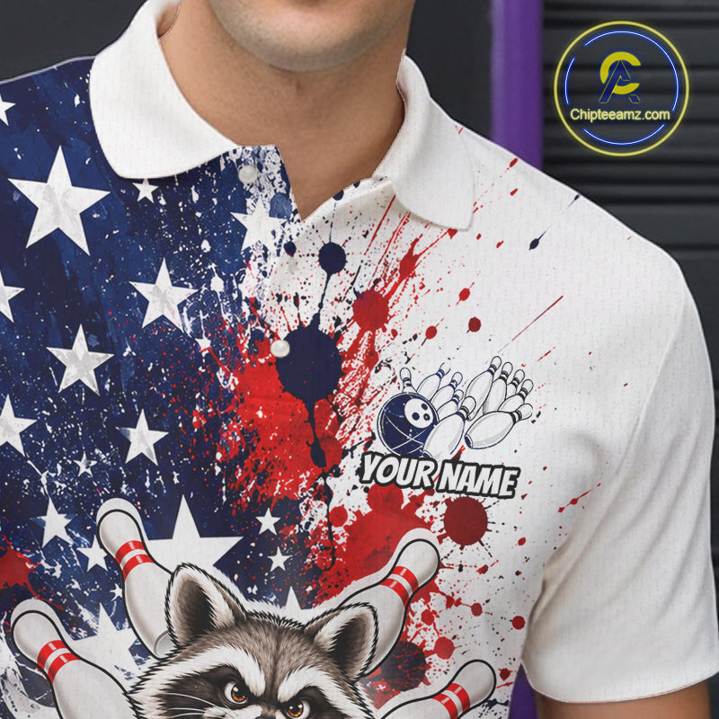 Custom US Flag Raccoon Bowling Shirts For Men Bowling Team Jerseys Bowling League HNT599