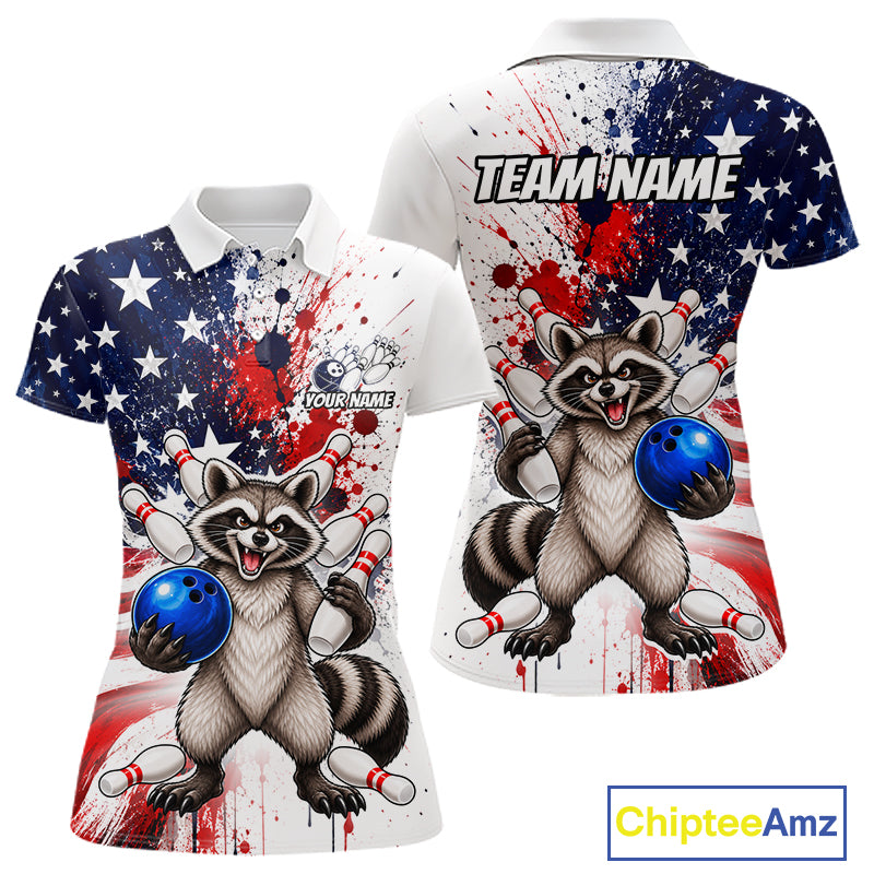 Custom US Flag Raccoon Bowling Shirts For Women Bowling Team Jerseys Bowling League HNT599