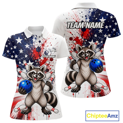 Custom US Flag Raccoon Bowling Shirts For Women Bowling Team Jerseys Bowling League HNT599
