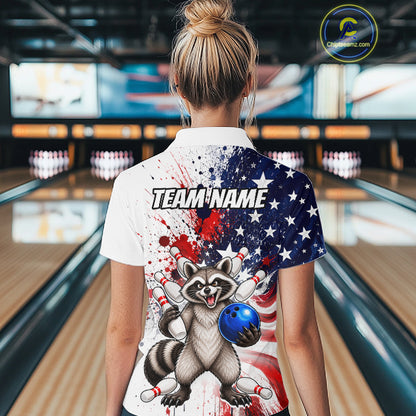 Custom US Flag Raccoon Bowling Shirts For Women Bowling Team Jerseys Bowling League HNT599