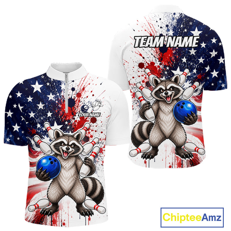 Custom US Flag Raccoon Bowling Shirts For Men Bowling Team Jerseys Bowling League HNT599