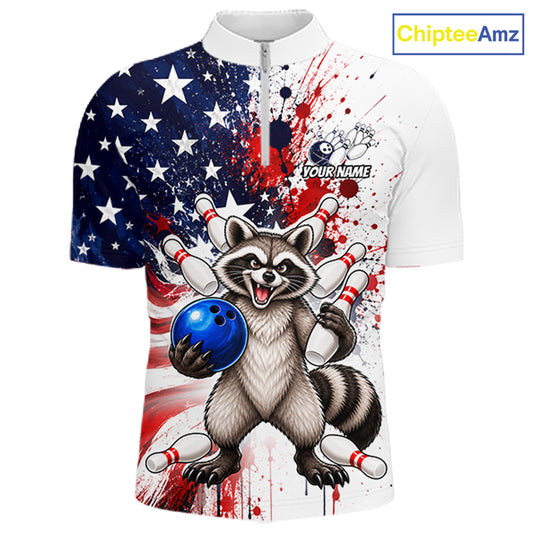 Custom US Flag Raccoon Bowling Shirts For Men Bowling Team Jerseys Bowling League HNT599