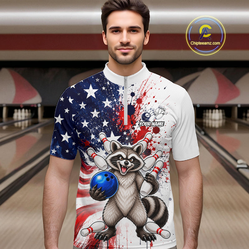 Custom US Flag Raccoon Bowling Shirts For Men Bowling Team Jerseys Bowling League HNT599