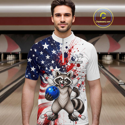 Custom US Flag Raccoon Bowling Shirts For Men Bowling Team Jerseys Bowling League HNT599