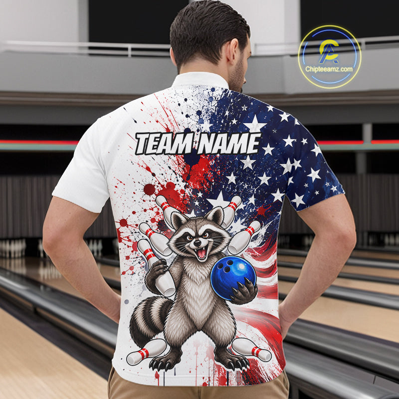 Custom US Flag Raccoon Bowling Shirts For Men Bowling Team Jerseys Bowling League HNT599
