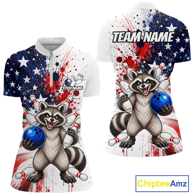 Custom US Flag Raccoon Bowling Shirts For Women Bowling Team Jerseys Bowling League HNT599
