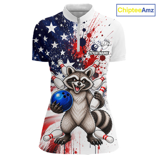 Custom US Flag Raccoon Bowling Shirts For Women Bowling Team Jerseys Bowling League HNT599