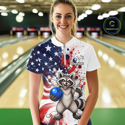 Custom US Flag Raccoon Bowling Shirts For Women Bowling Team Jerseys Bowling League HNT599