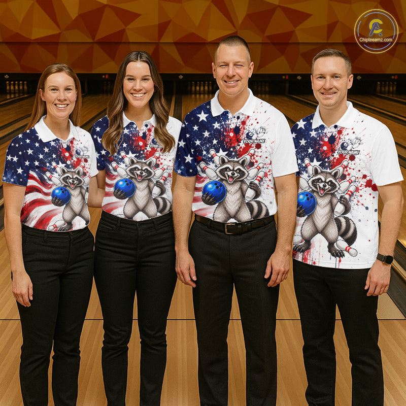 Custom US Flag Raccoon Bowling Shirts For Women Bowling Team Jerseys Bowling League HNT599