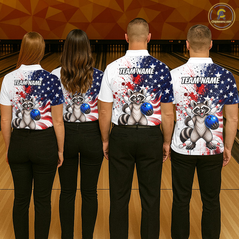 Custom US Flag Raccoon Bowling Shirts For Women Bowling Team Jerseys Bowling League HNT599