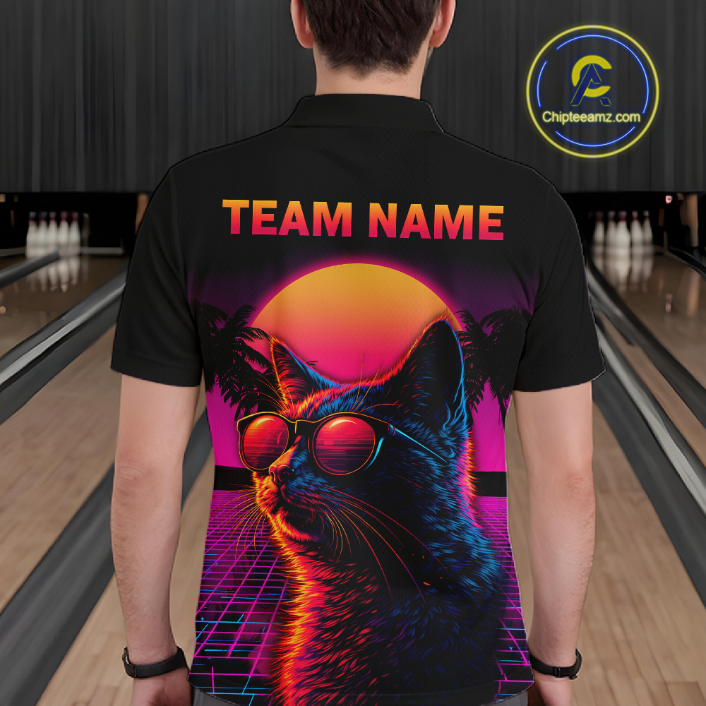 Custom Funny Cat Retro Sunset Bowling Jersey for Men Bowling Uniform Bowling Team Shirts HNT279
