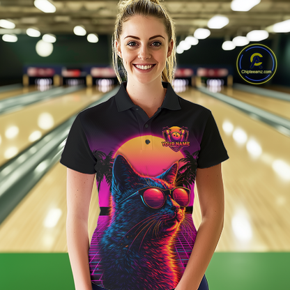 Custom Funny Cat Retro Sunset Bowling Jersey for Women Bowling Uniform Bowling Team Shirts HNT279