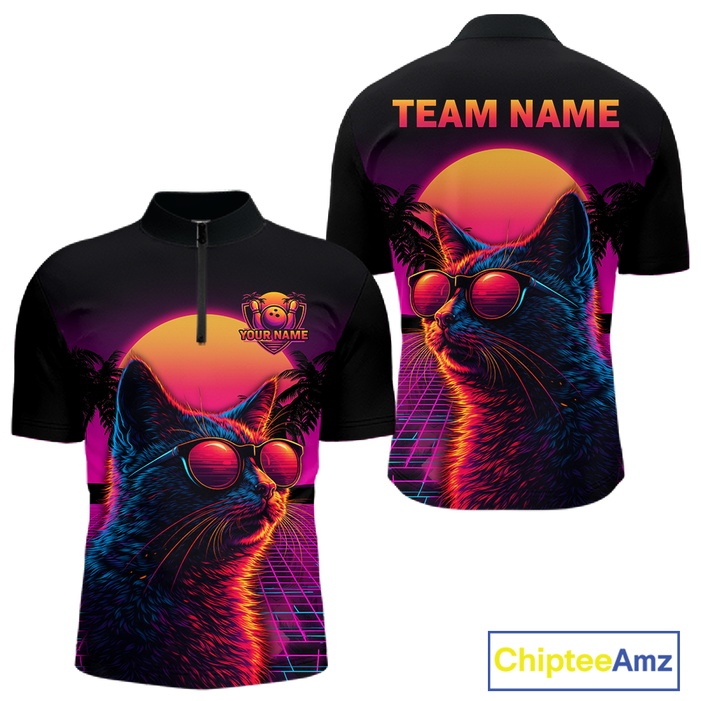 Custom Funny Cat Retro Sunset Bowling Jersey for Men Bowling Uniform Bowling Team Shirts HNT279