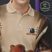 Load image into Gallery viewer, Beige bowling shirt with a bowler hat design and 'Your Name' text, featuring a logo in the corner.
