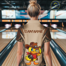Load image into Gallery viewer, Person wearing a custom bowling shirt with a duck design and 'Team Name' text in a bowling alley.