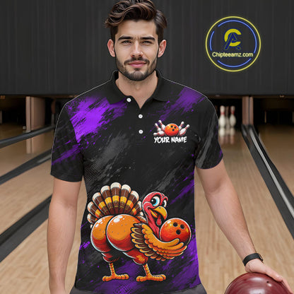 Purple Funny Turkey Chicken Custom Bowling Team Shirts For Men Thanksgiving Bowling Gifts HNT521