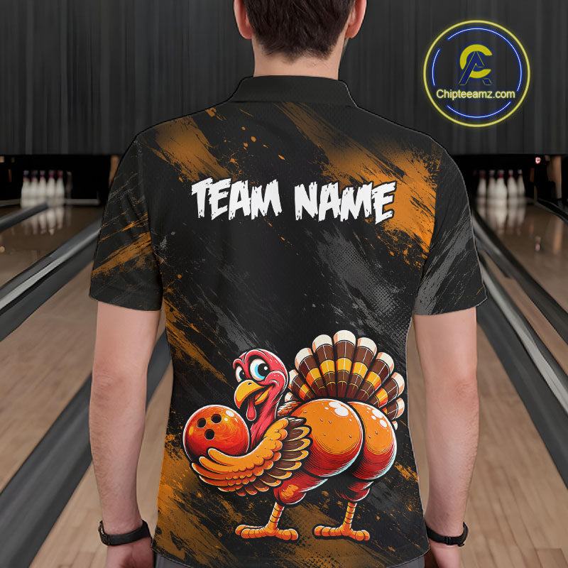Orange Funny Turkey Chicken Custom Bowling Team Shirts For Men Thanksgiving Bowling Gifts HNT521