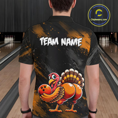 Orange Funny Turkey Chicken Custom Bowling Team Shirts For Men Thanksgiving Bowling Gifts HNT521