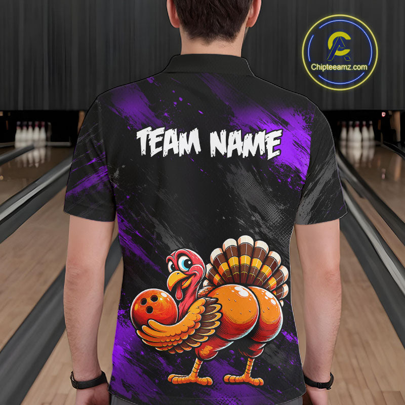 Purple Funny Turkey Chicken Custom Bowling Team Shirts For Men Thanksgiving Bowling Gifts HNT521
