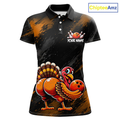 Orange Funny Turkey Chicken Custom Bowling Team Shirts For Women Thanksgiving Bowling Gifts HNT521