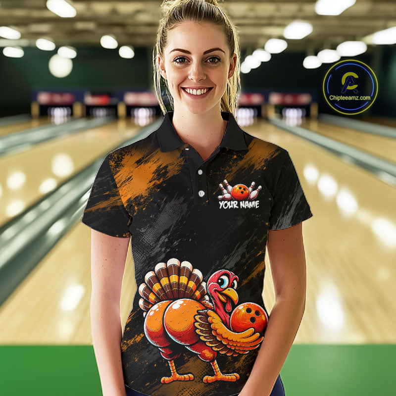 Orange Funny Turkey Chicken Custom Bowling Team Shirts For Women Thanksgiving Bowling Gifts HNT521