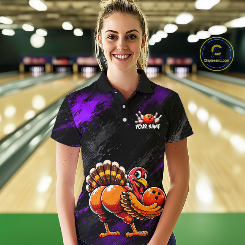 Purple Funny Turkey Chicken Custom Bowling Team Shirts For Women Thanksgiving Bowling Gifts HNT521