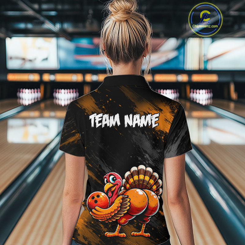 Orange Funny Turkey Chicken Custom Bowling Team Shirts For Women Thanksgiving Bowling Gifts HNT521