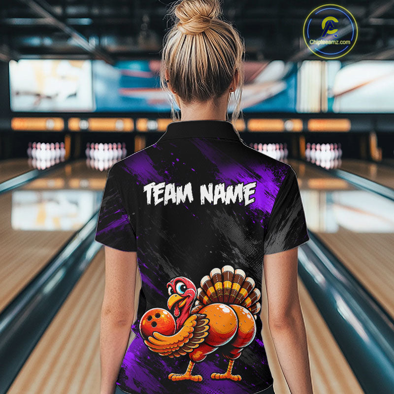 Purple Funny Turkey Chicken Custom Bowling Team Shirts For Women Thanksgiving Bowling Gifts HNT521