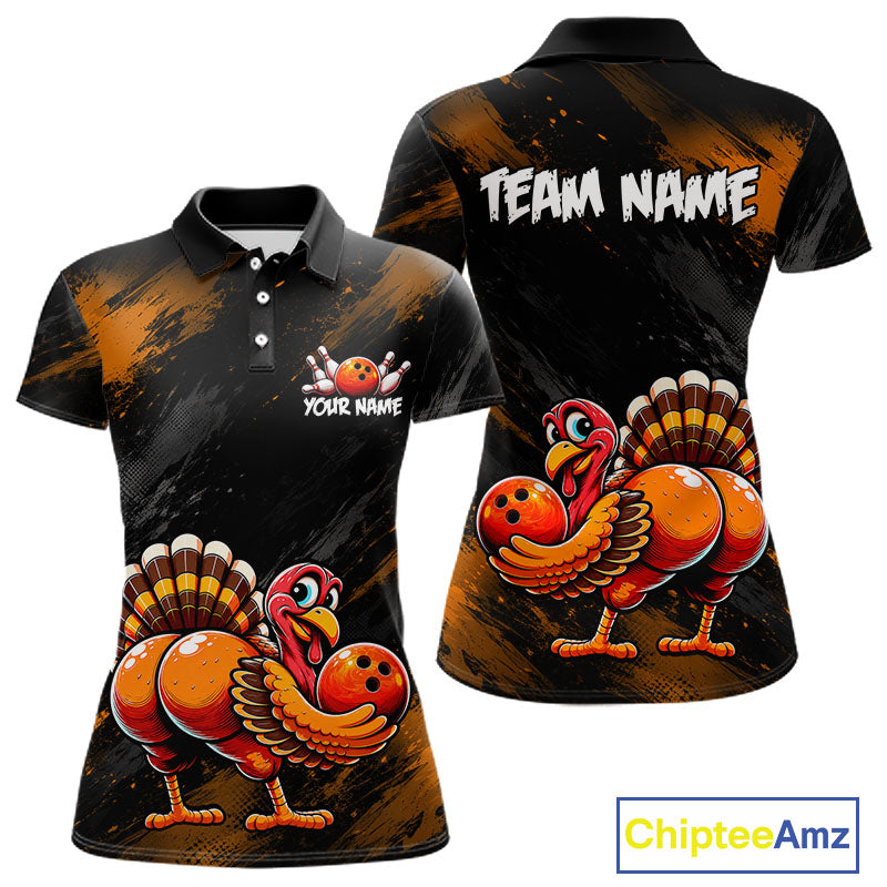 Orange Funny Turkey Chicken Custom Bowling Team Shirts For Women Thanksgiving Bowling Gifts HNT521