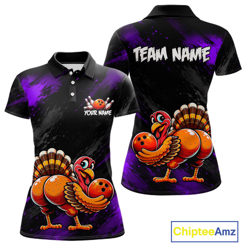 Purple Funny Turkey Chicken Custom Bowling Team Shirts For Women Thanksgiving Bowling Gifts HNT521