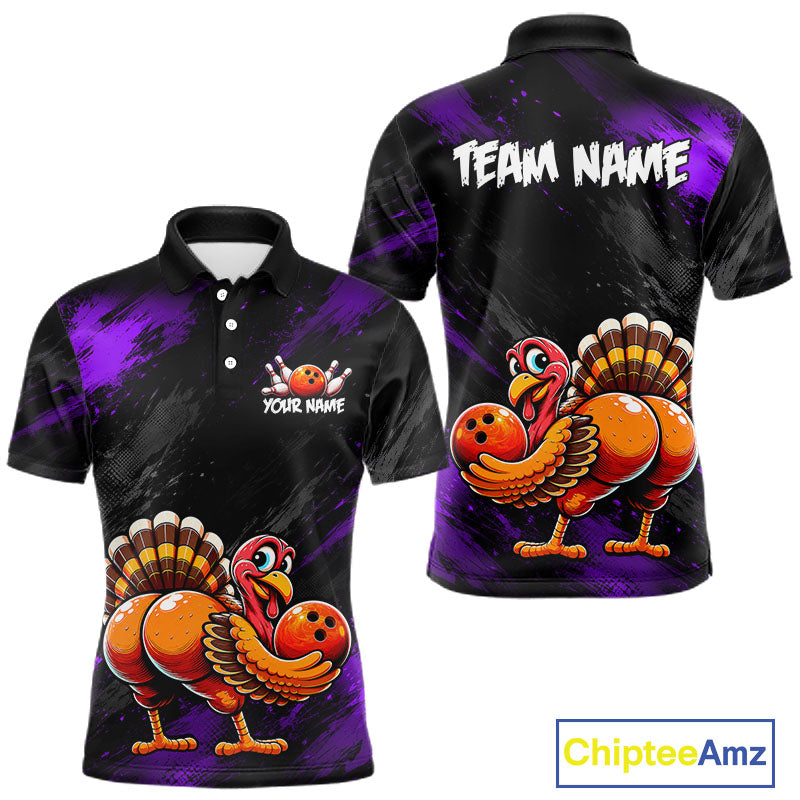 Purple Funny Turkey Chicken Custom Bowling Team Shirts For Men Thanksgiving Bowling Gifts HNT521