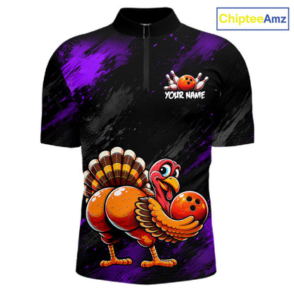 Purple Funny Turkey Chicken Custom Bowling Team Shirts For Men Thanksgiving Bowling Gifts HNT521