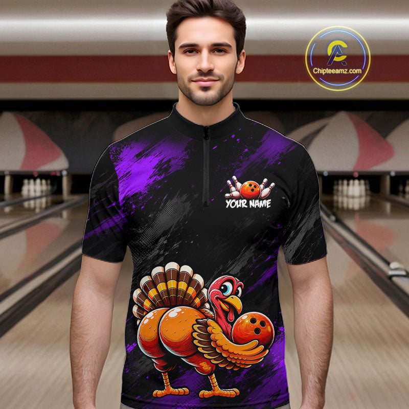 Purple Funny Turkey Chicken Custom Bowling Team Shirts For Men Thanksgiving Bowling Gifts HNT521